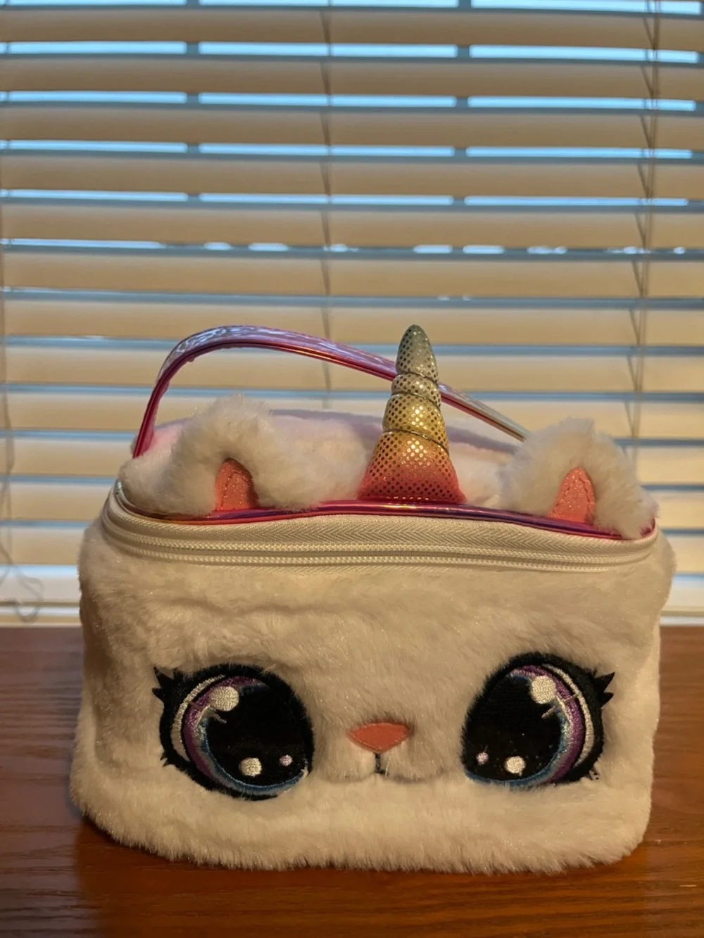 Claire's White Plush Unicorn/Cat Cosmetic Bag with Holographic Handle